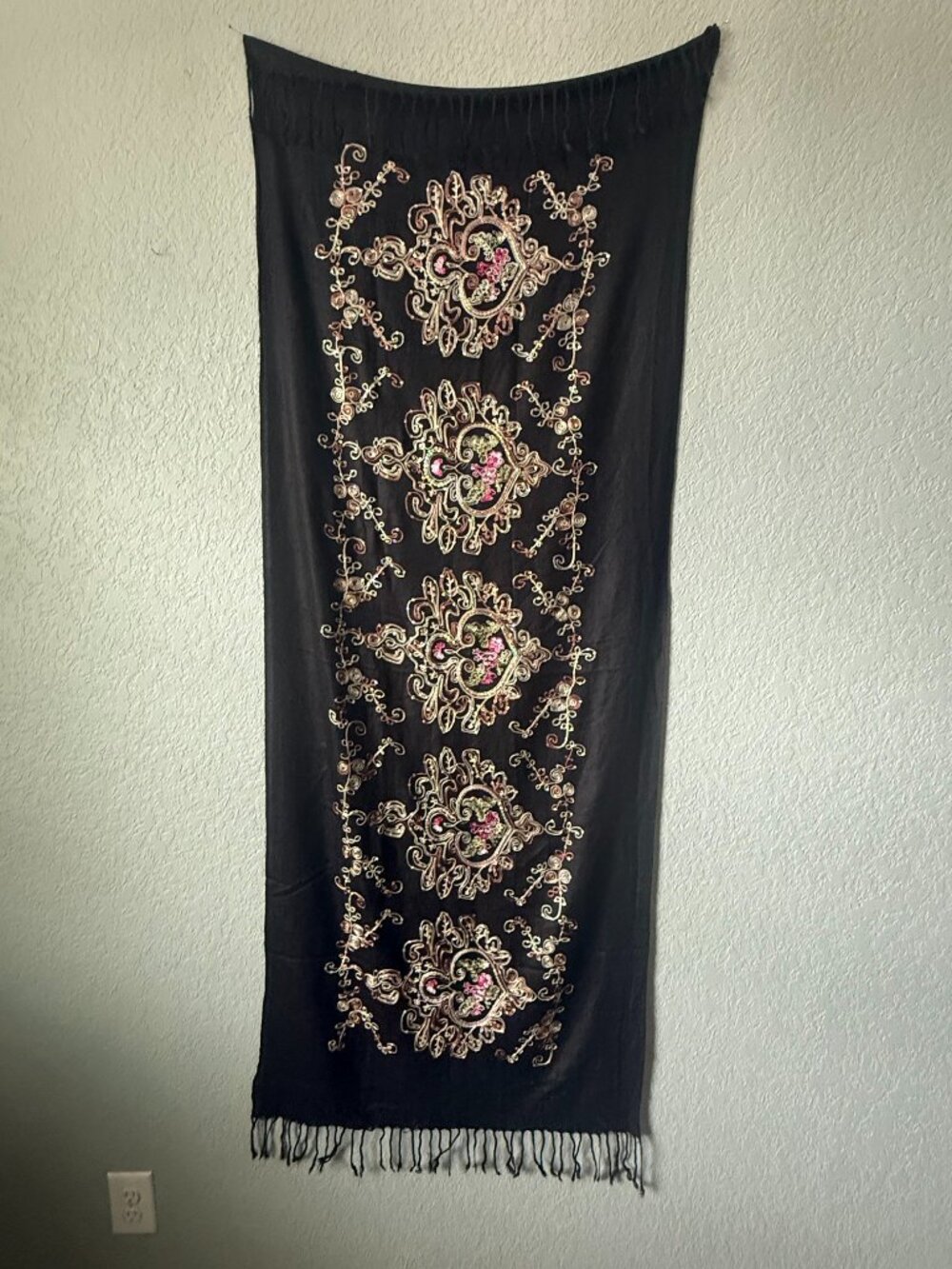 Black Embroidered Scarf Shawl Wrap Floral Scroll Fringe Boho Elegant 69” x 26.5”